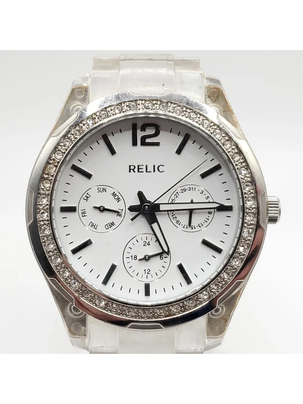 Relic Watch Women Silver Tone Multi Dial Pave Bezel Clear Band New Battery 37mm